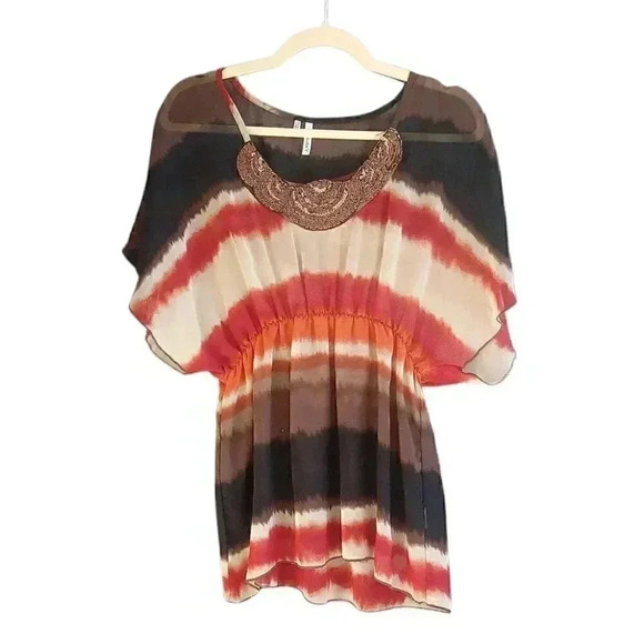 Studio Y Ombre Sheer Chiffon Beaded Neckline Flutter Sleeve Flowy Blouse Top - Picture 1 of 7